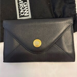 Versace Black Leather Clutch with Gold Medallion